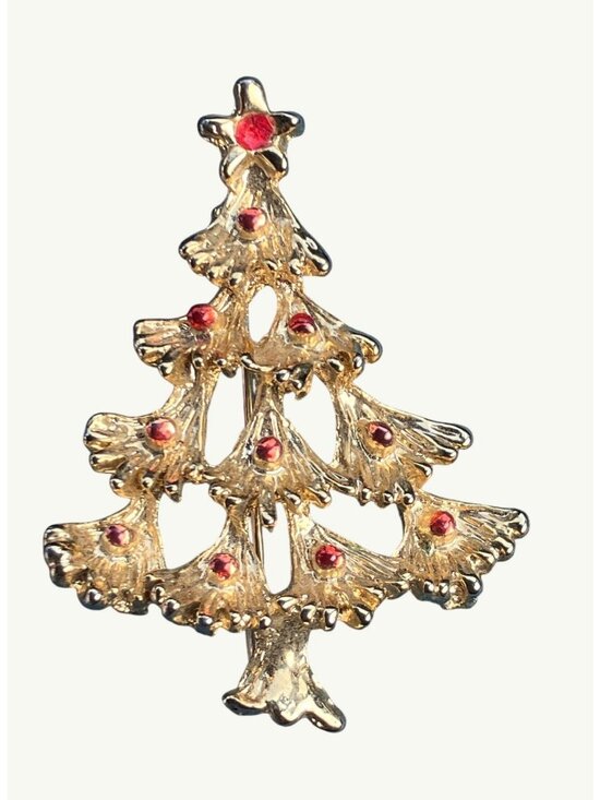 Unbranded Jewelry - Gold Tone Christmas Tree with Red Decorations Pin Brooch Christmas Jewelry